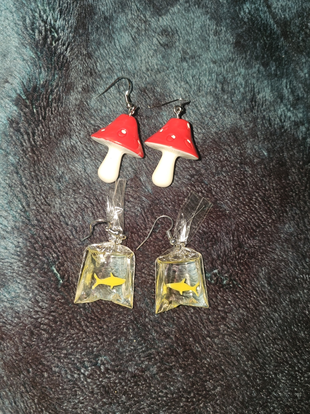 Women's Red Mushroom and Yellow Fish Dangle Earrings - Accessories